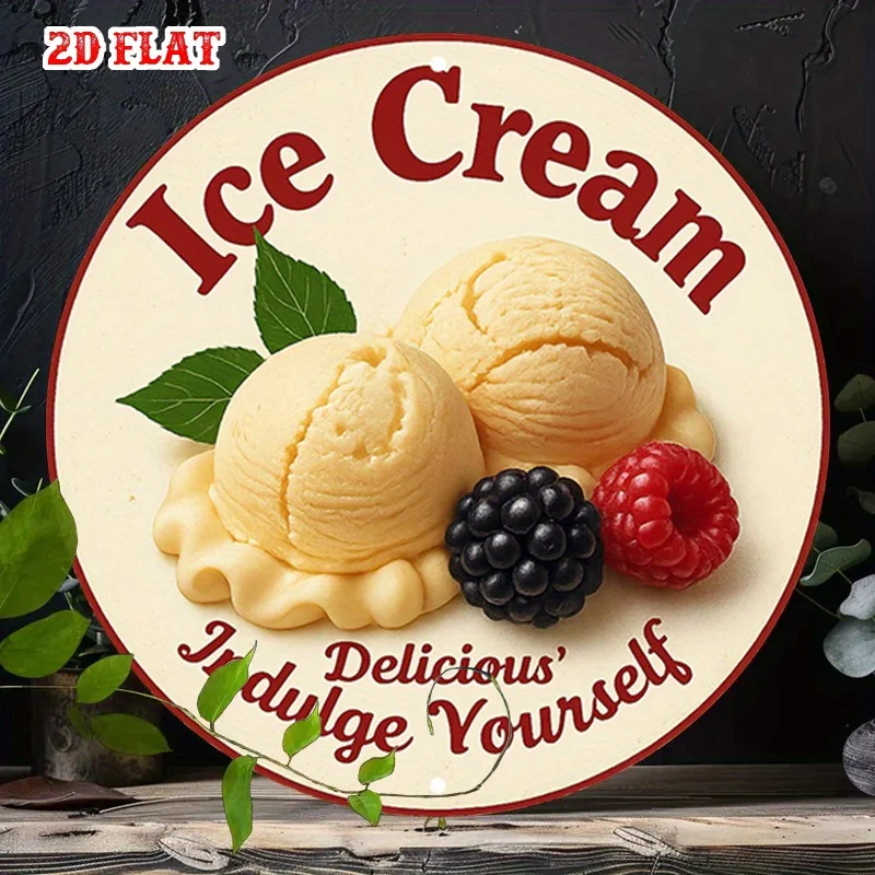 2D Flat, 2D Flat 1pc Sweet Treats Round Sign, Delicious Round Wall Decor Raspberry Rustic Metal Wall Art, Ice Cream 7.8X7.8Rou