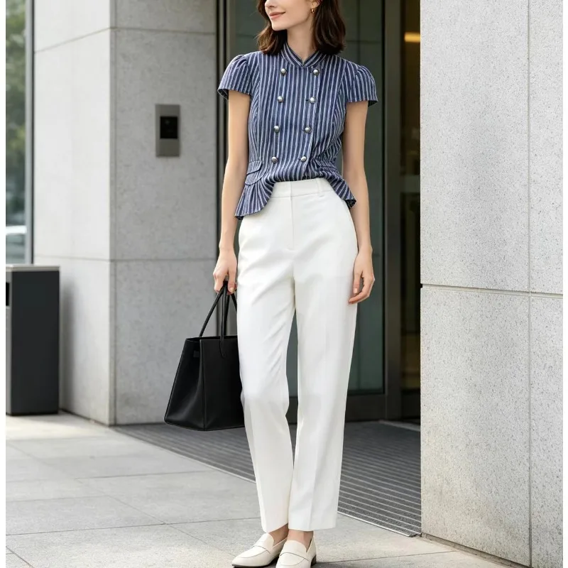 2026 Womens Minimalist Striped Stand Collar Short Sleeve Summer Top Blouse