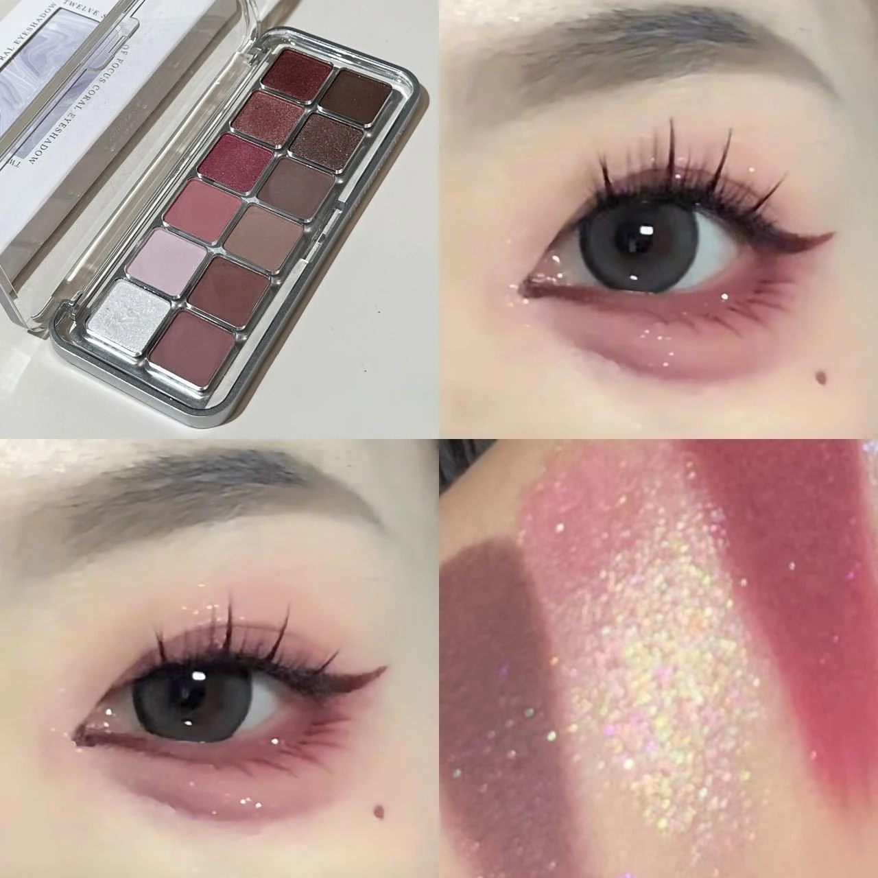 Paleta de sombra de ojos de 12 colores, sombra de ojos roja vino perla mate, sombra de ojos rosa marrón, brillo, maquillaje de ojos duradero para principiantes