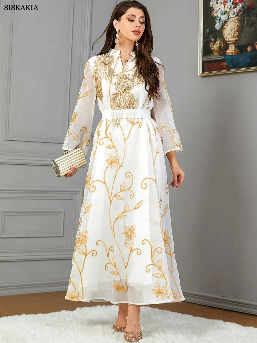 Siskakia Fashion Mulsim Gold Stamping Floral Embroidery Guipure V-Neck Long Sleeves Floral Dress With Belt Long Arab