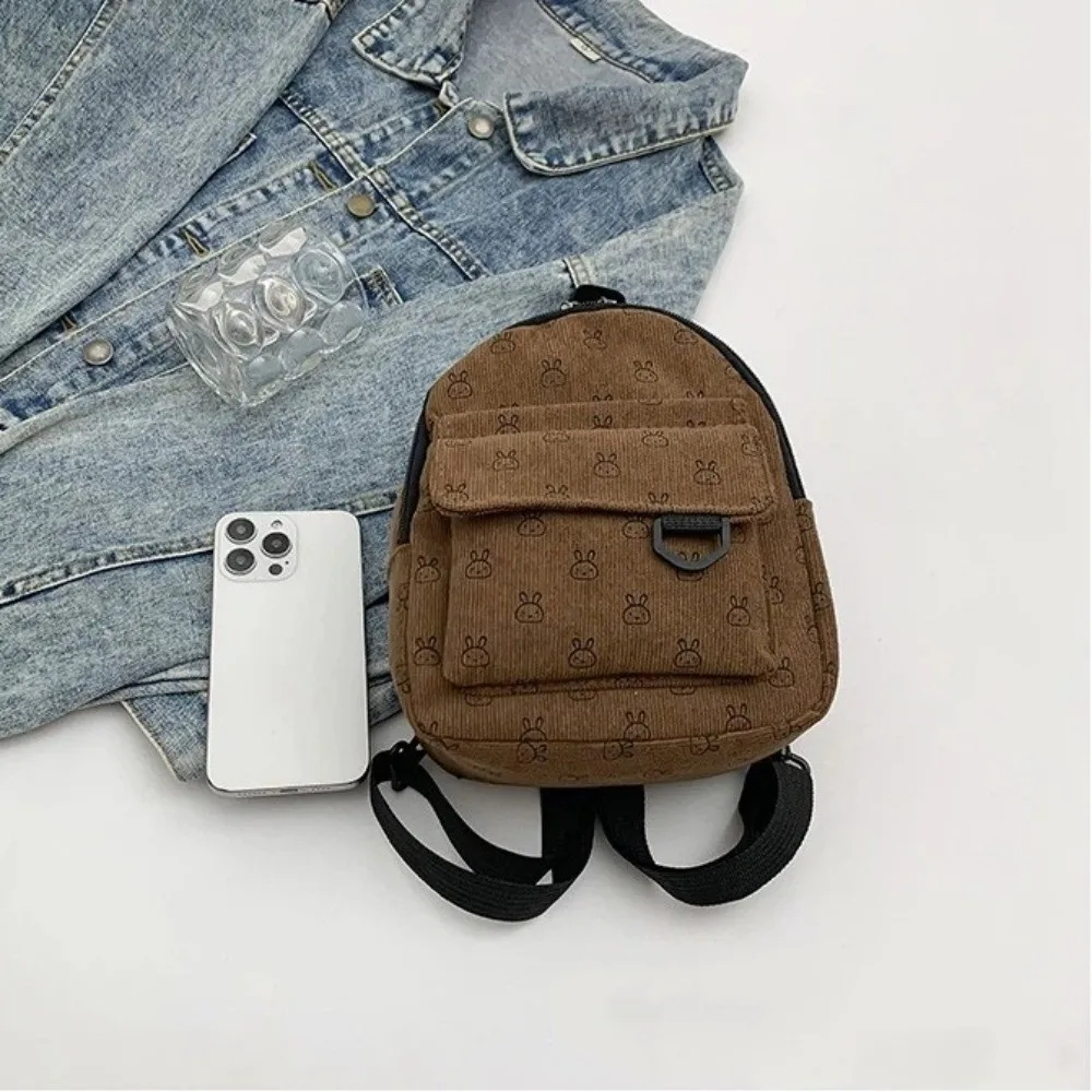 Fashion Cartoon Printed Mini Backpack Adjustable Shoulder Strap Zipper Small Schoolbag Corduroy Women's Backpack Women