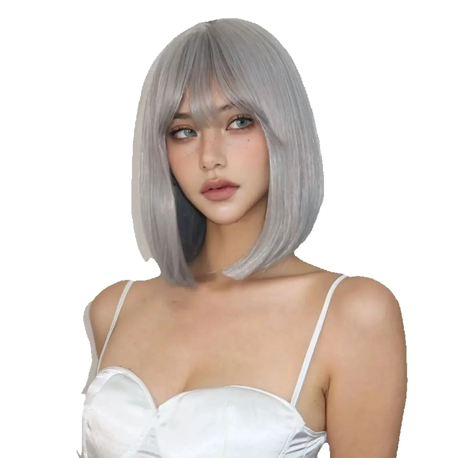 ALAN EATON Sliver Gray Bob Wigs with Bangs Short Straight Synthetic Wigs for Women Grey Cute Lolita Party Hair Heat Resistant