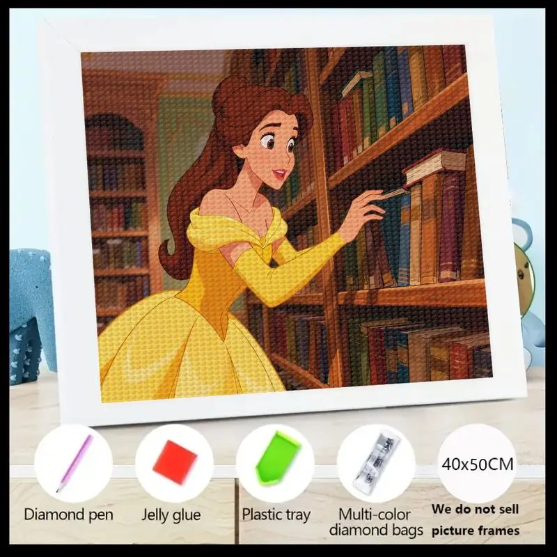 

1PC Full Drill 5D Diamond Painting Kit, Enchanting Disney Princess Belle In Library Scene, Beauty And The Beast Cartoon Art DIY
