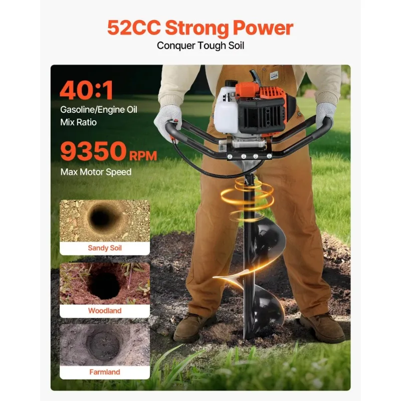 Drilling machine, heavy duty auger with 6- and 10-inch drill bits and 3 extension rods