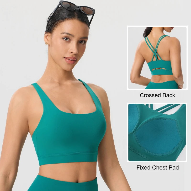 Solid Color Women Cross Back Fitness Sport Bra High Strength Tight Top Comprehensive Training Gym Yoga Underwear with Chest Pad