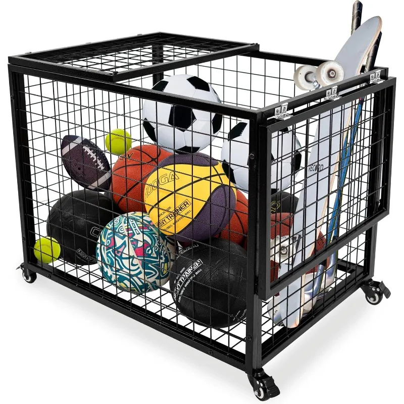 Ball Cart Garage Sports Equipment Storage Rack with Lockable Lid, Indoor Outdoor Basketball Storage Box