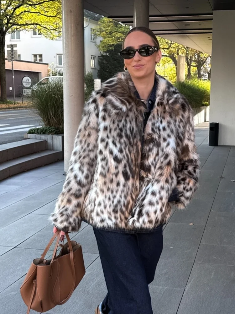 Leopardo impressão de manga comprida feminino peludo casaco de pele do falso gola elegante engrossado jaqueta quente 2024 feminino escritório