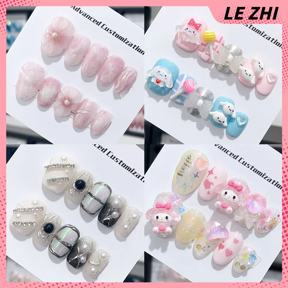 Kawaii Short Square Cartoon 3D False Nails Cinnamoroll Mymelody Luxury Pearl Rhinestone Birthday Present Nail Party Sticker