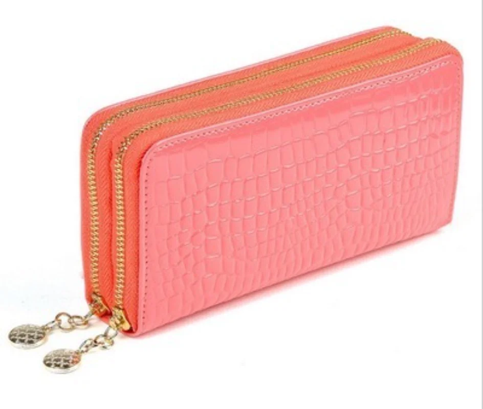 Female Pu Leather Lacquered Coin Purse Fashion Double Zipper Solid Color Stone Pattern Portable High Capacity Wallet