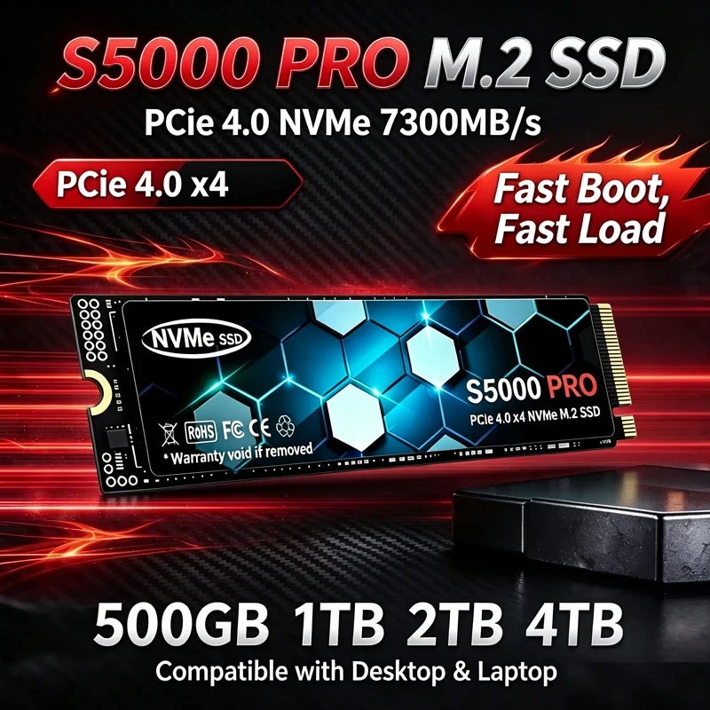 NVMe PCIe4.0 SDD 7300M/S，S5000 PRO High Speed M2  4TB 2TB Solid State Drive Internal Storage Upgrade For PC Desktop Laptop