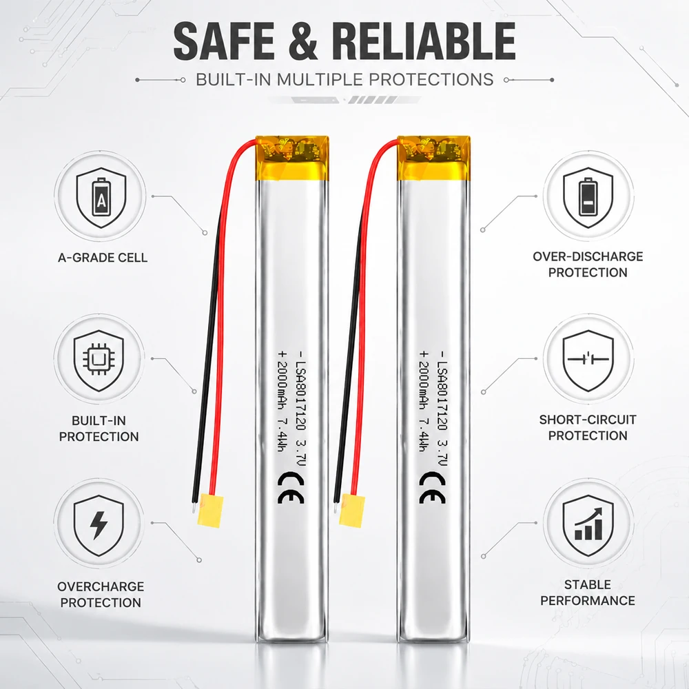 8017120 3.7V 2000mAh LiPo Battery Rechargeable LithiumPolymerBattery withProtection Board for Laser Pointer Toys Massage Devices