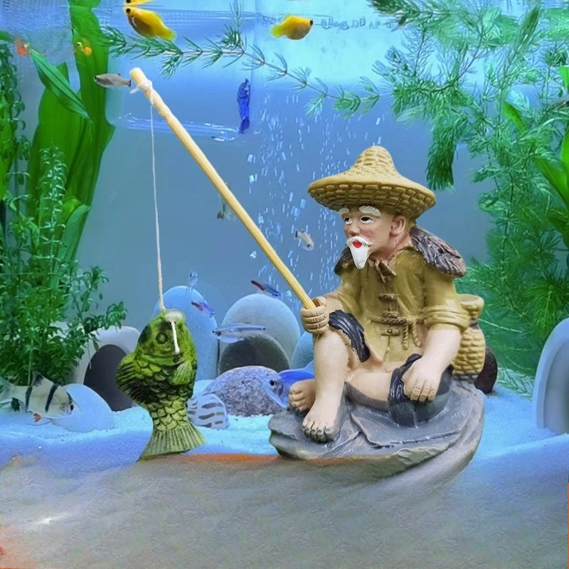 Fishing Old Man Resin Figure Statue Sitting Garden Aquarium Ornament Fisherman Scene Pool Micro-Landscape Bonsai Garden Craft