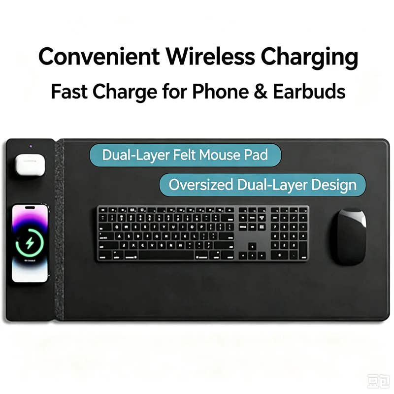 15W Magnetic Wireless Charging Mouse Pad Large Desk Mat Organizer Detachable Panel Dual-Sided for iPhone Samsung Earbuds