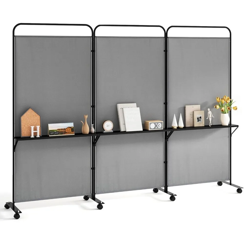 

3 Panel Room Divider with Wheels and Shelves, 103" W x 74" H Folding Privacy Screen, (Gray), Screens & Room Dividers
