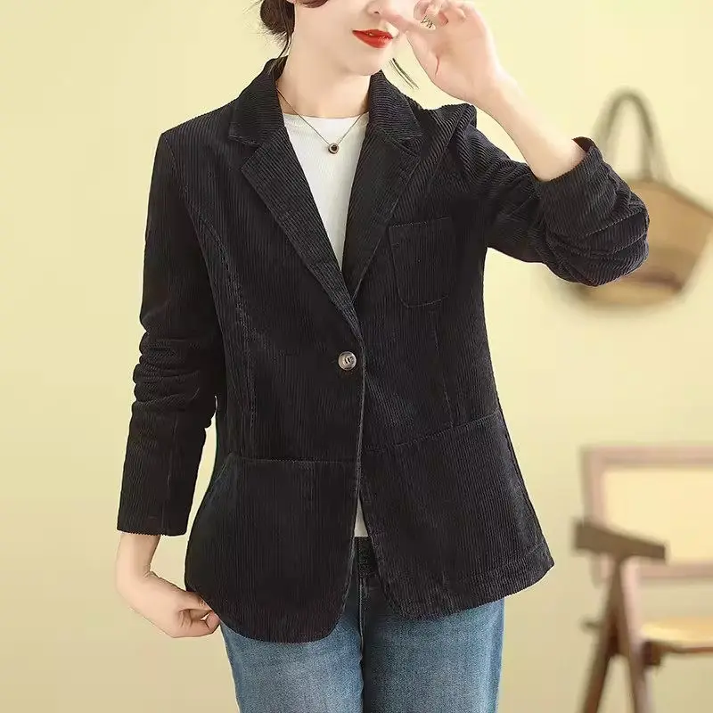 2024 Spring And Autumn Corduroy Jacket Women's Solid Color Long Sleeve Single Breasted Retro Casual Blazer Coat Z4821