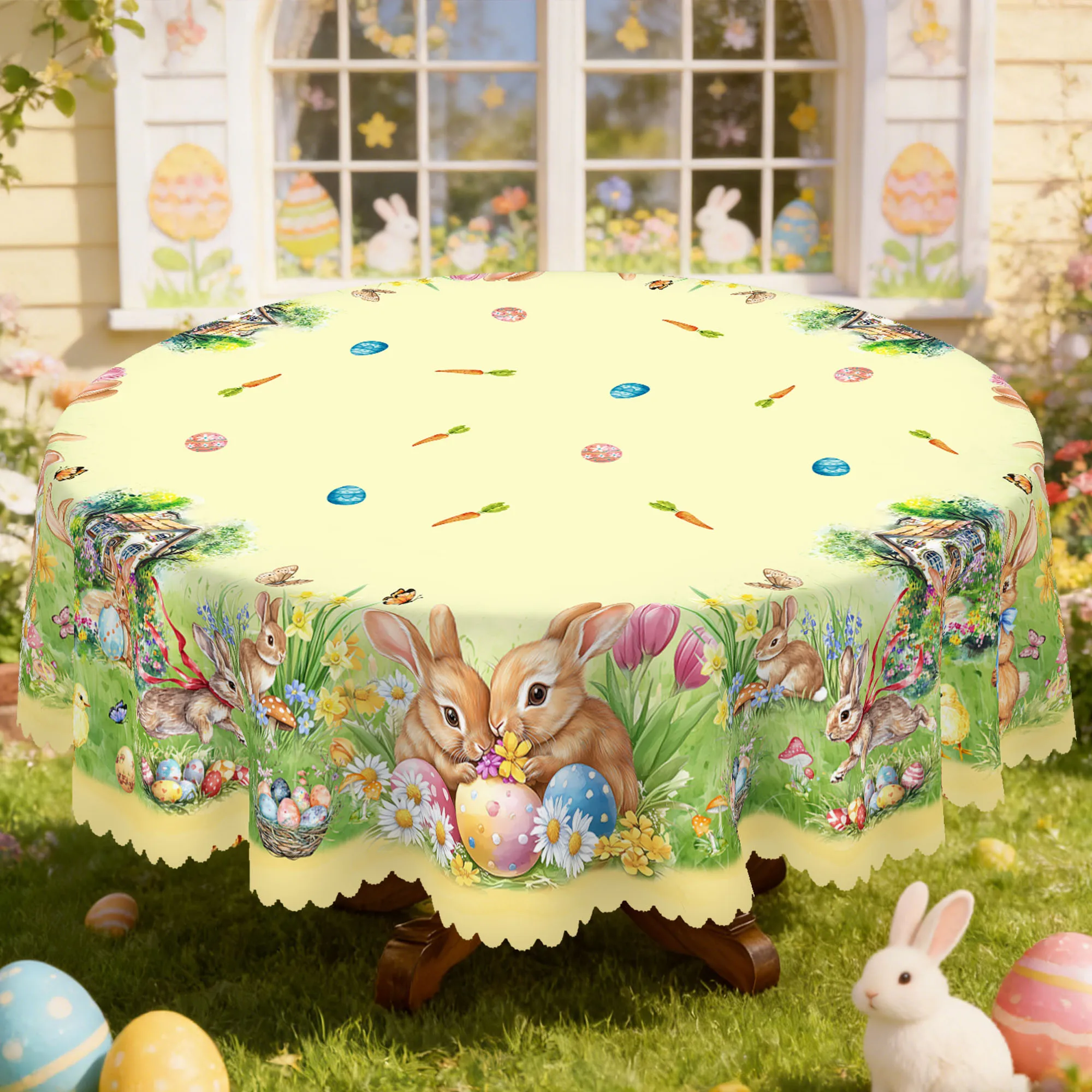 1 Piece of Easter-Themed Round Tablecloth, Available in Various Sizes, Featuring a Soft and Cute Group of Rabbits Hugging Each Other and Painting Colorful Eggs, with Colorful Floral Clusters Surrounding a Cozy Little House, Adorned with Tender Carrots and Lively Butterfly Shadows, Embossed Edge Craftsmanship, Spring Garden Tablecloth Decoration, Suitable for Everyday Home Kitchen and Patio Use, Easter Decoration, Spring Party Decoration Gift