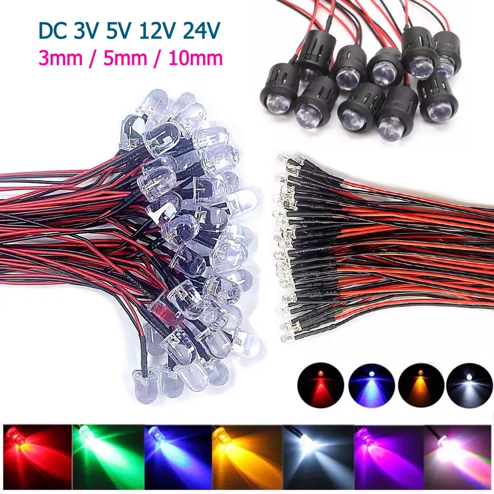 

10/20/50PCS LED Light Wire 3V-24V 3mm/5mm/10mm Multicolor Pilot Lamp LED Beads With Holder For RC Model Car Boat Toy Parts