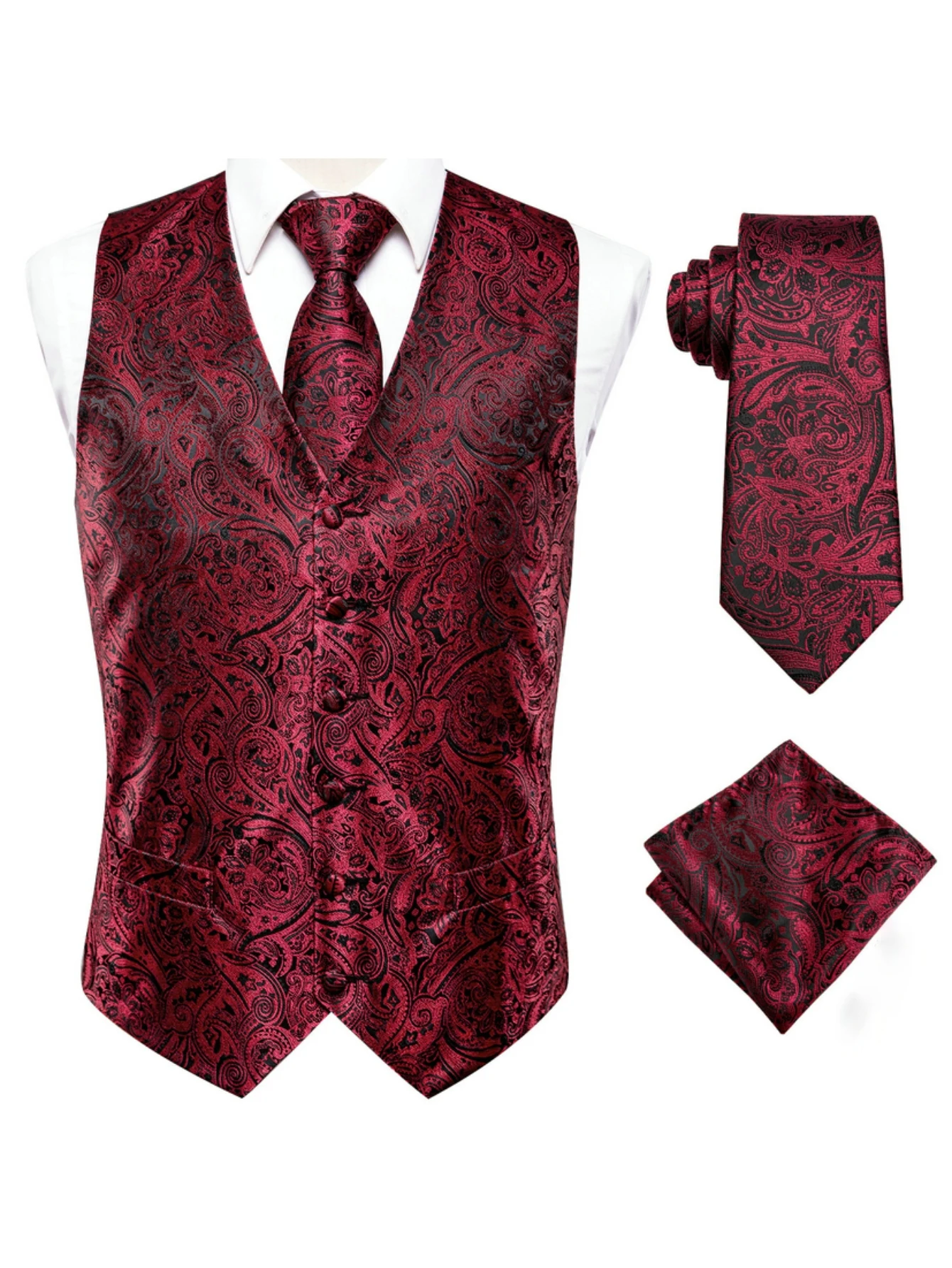 Burgundy Printed V-neck Waistcoat Tie Pocket Square Matching Formal Suit Set