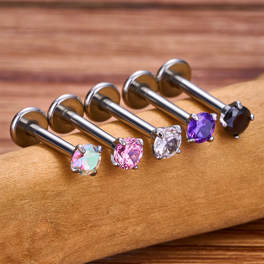 10Pc G23 Titanium Labret Lip Piercing Stud Internally Threaded Zircon Ear Stud Helix Cartilage Tragus Body Piercing Jewelry