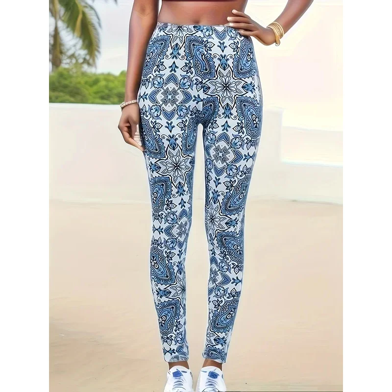 

Blue White Geometric Casual Tight Fitting Women's Leggings For Healthy Height Stretch Running Sports And Exercise Cropped Pants