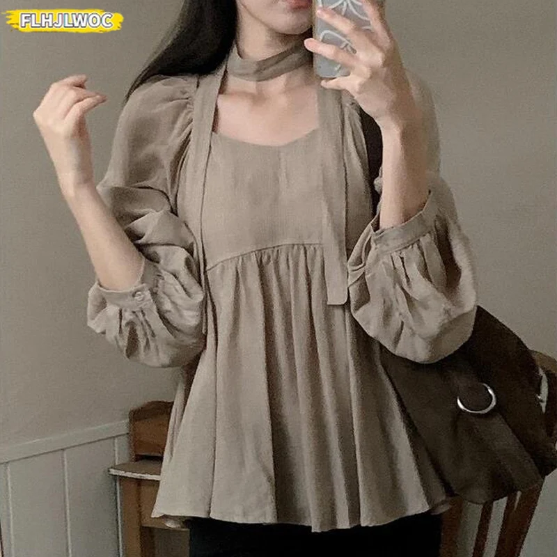 Semi-Transparent Korea Chic Peplum Tops Blusas Autumn Spring Japan Girls Retro Vintage Lace-Up Belly Solid White Blouses