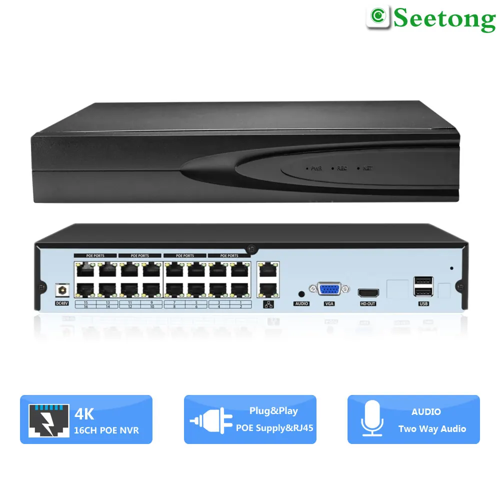 4K 8MP H.265 16CH POE NVR Plug And Play AI Smart Recording Security Network Video Recorder 2 SATA Interfaces Up to 14TB