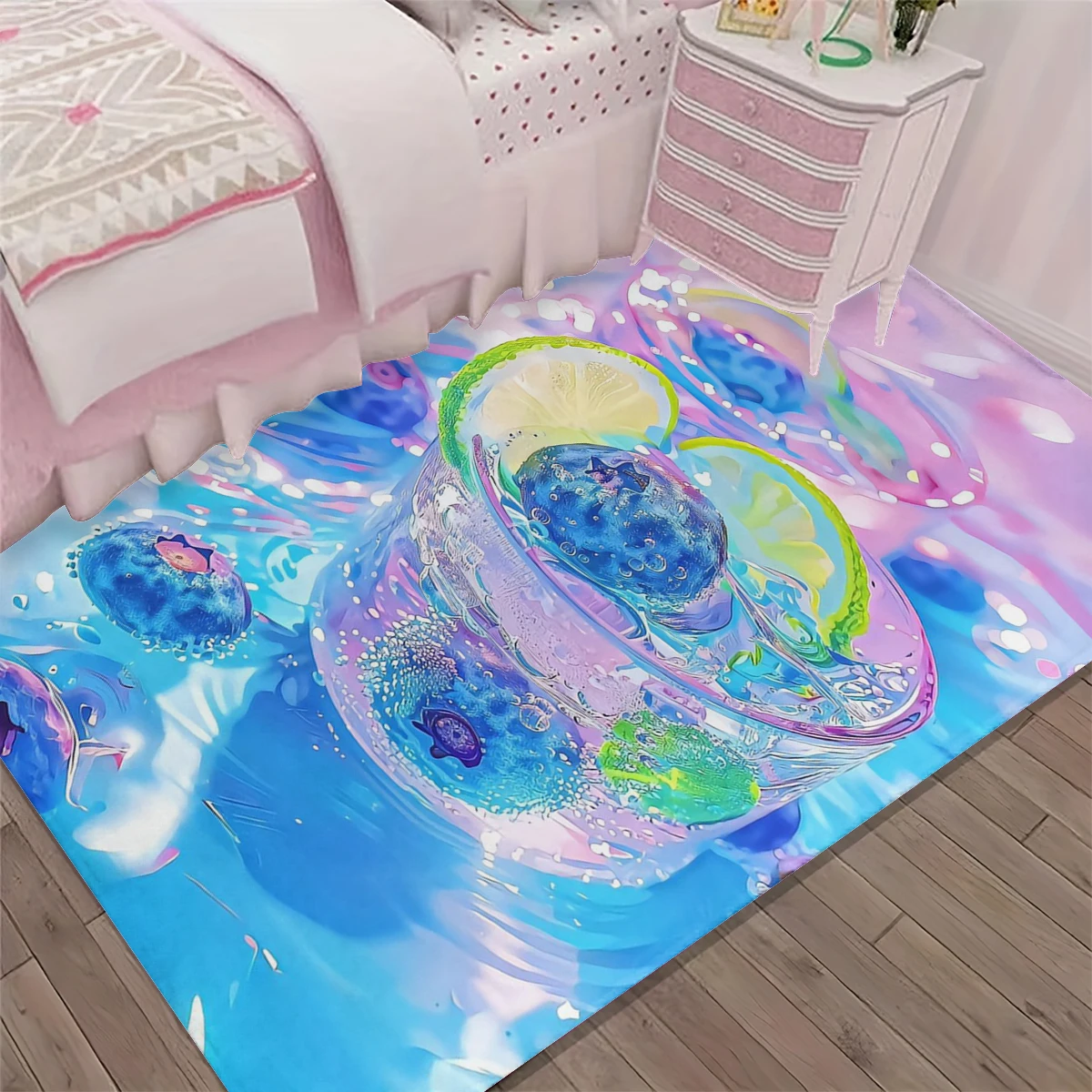 1Pc Summer Refreshing Lemon Soda Floor Mat Colorful Fluid Art Bedroom Bedside Non-Slip Stain-Resistant Atmosphere Carpet