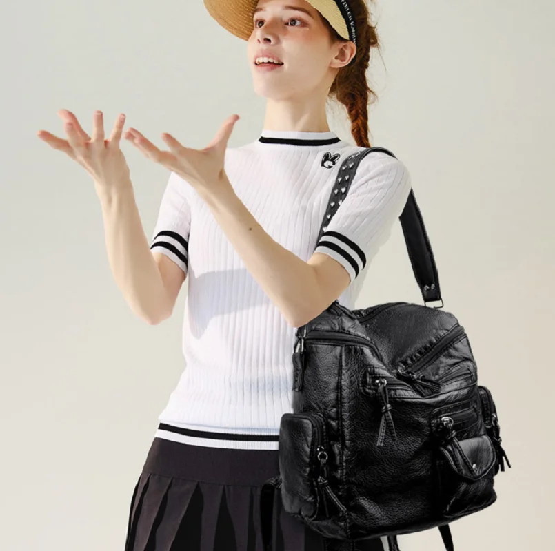 Korean New Women's Fashion Vintage Large Capacity Soft Leather Travel Backpacks Double Zipper Shoulder Bags Notebook School Bag