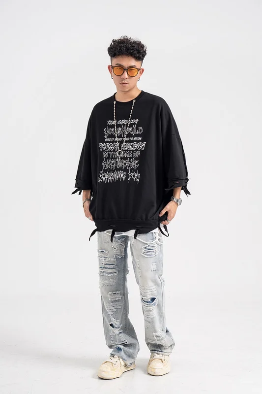 American Fashion Trend High Street Round Neck Short Sleeve T-Shirt Handsome Boys Youth Casual Loose Ripped Half Sleeve Top