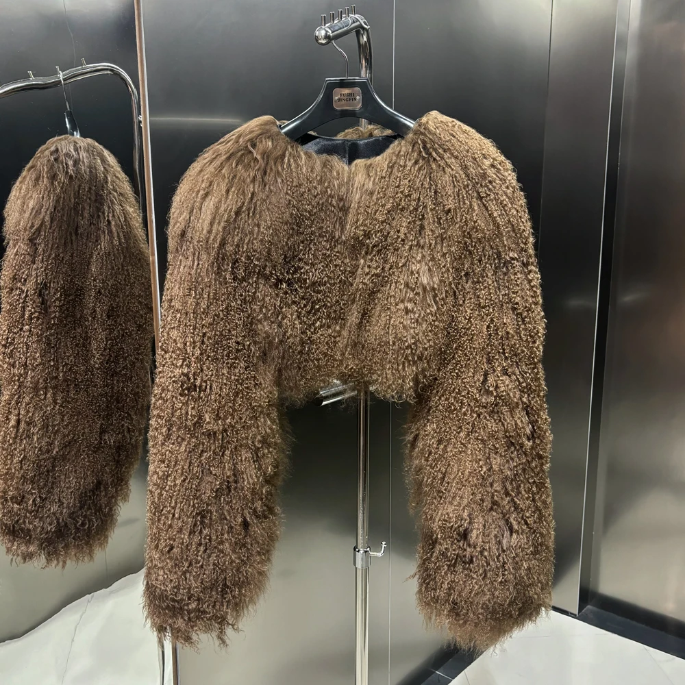 Women's Camel Real Mongolia Sheep Fur Jacket Fluffy Coat Cropped Jacket 2024 Winter Streetwear