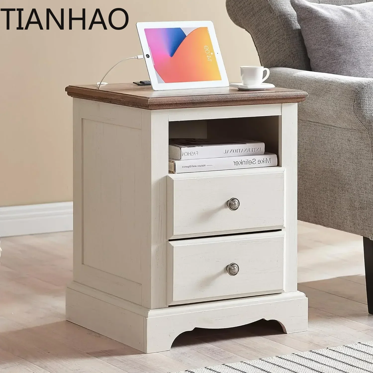 A Nightstand with Charging Station, 18 Inch Vintage End Table with 2 Drawers, Wood Rustic Sofa Side Table with Open Storag