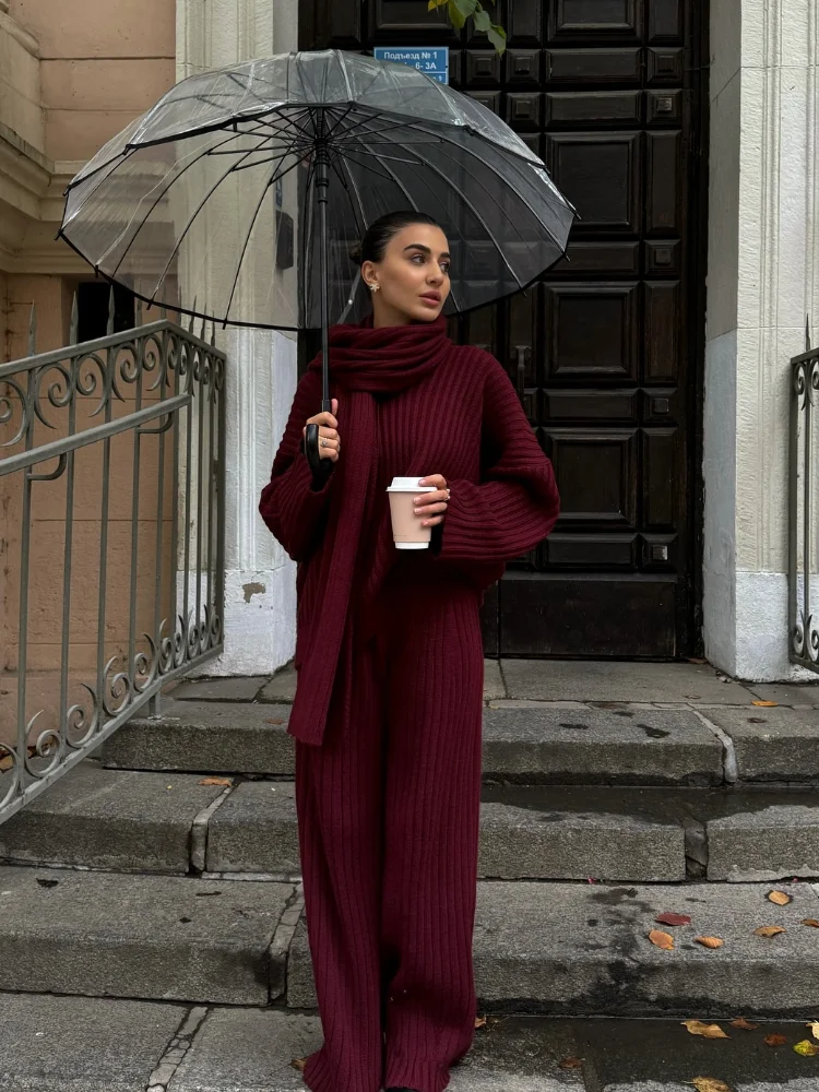 Chic Burgundy Scarf Collar Sweater Set Woman 2 Pieces Fashion Oversize Sweaters Wide Leg Pants 2024 New Ladies Street Outwears