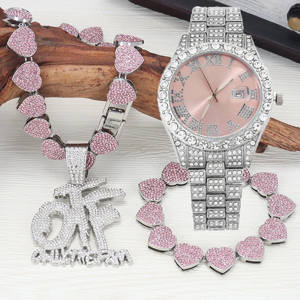 3 шт. Iced Out Роскошный Набор Наручных Часов Хип-Хоп Розовый Циферблат Кварцевые Часы для Женщин и Мужчин Bling Кубинский Браслет Ожерелье Комплект Ювелирных Изделий