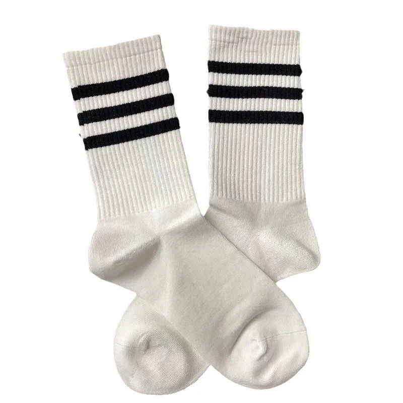 Classic Black And White Socks, Pure Cotton Couple Style, Three Bar Sports Socks, College Style