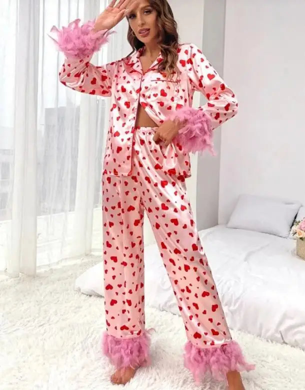 Women Satin Loungewear Set Heart Print Feather Cuff Long Sleeve Lapel Button Down Tops Pants Floral Home Suit Korean Pyjamas