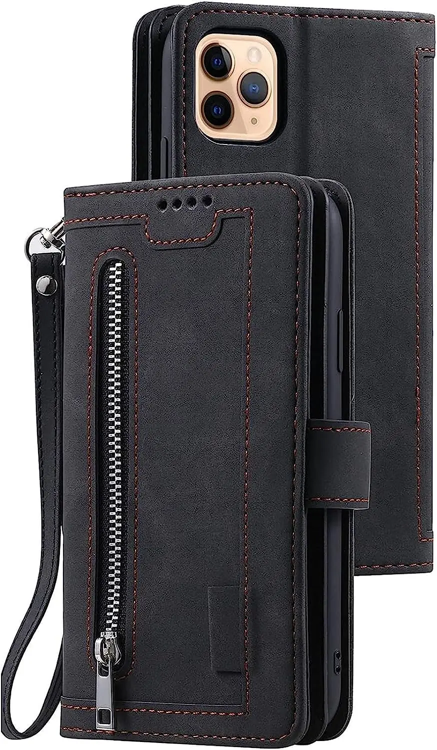 Case for iPhone 14, with 9 Credit Card Holder Zipper Wallet Phone Case with Lanyard Leather Case Kickstand Magnetic Protective