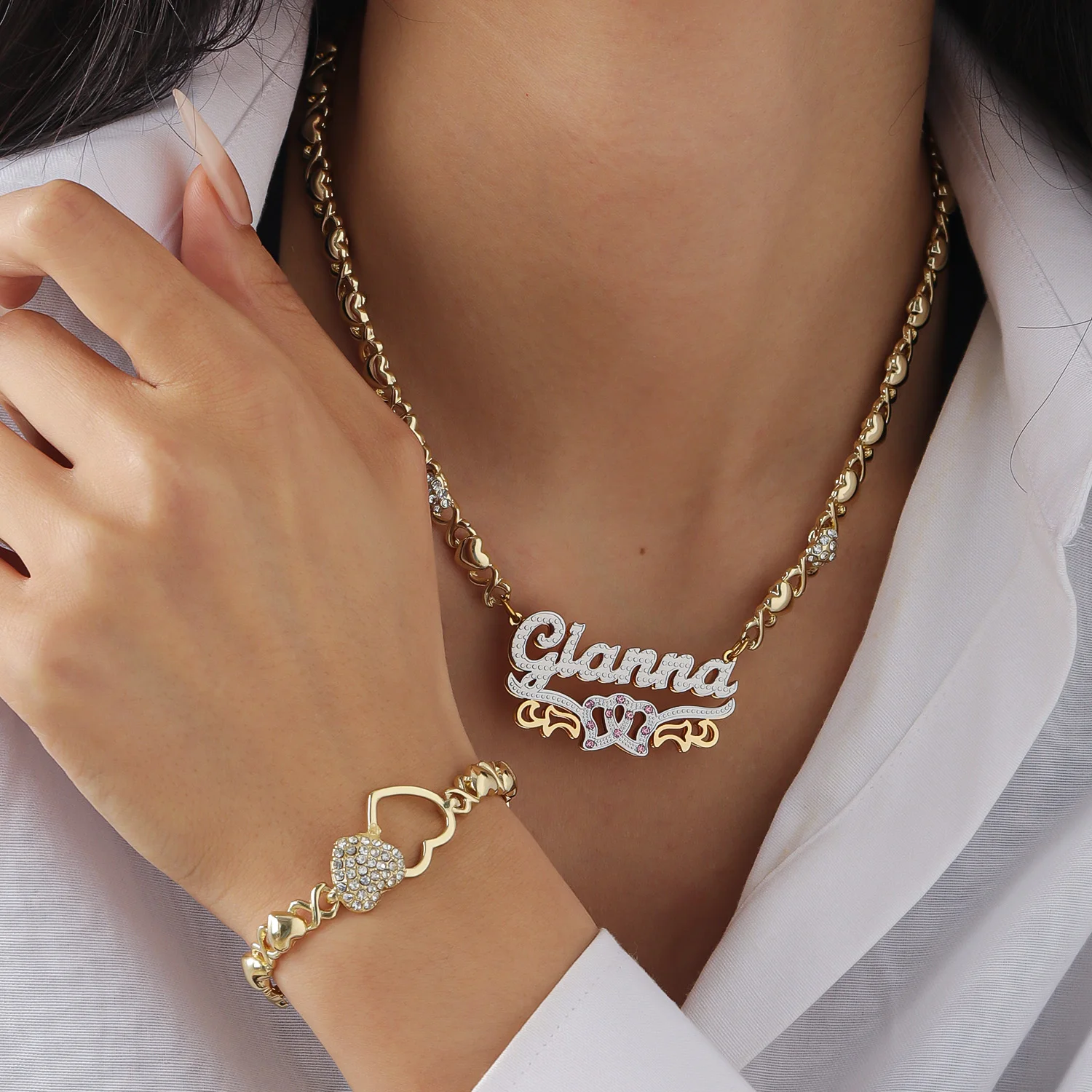 Custom Name & Birthstone Necklace - XO Teddy Bear Double Layer Pendant Stainless Steel Personalized Jewelry Gift for Women