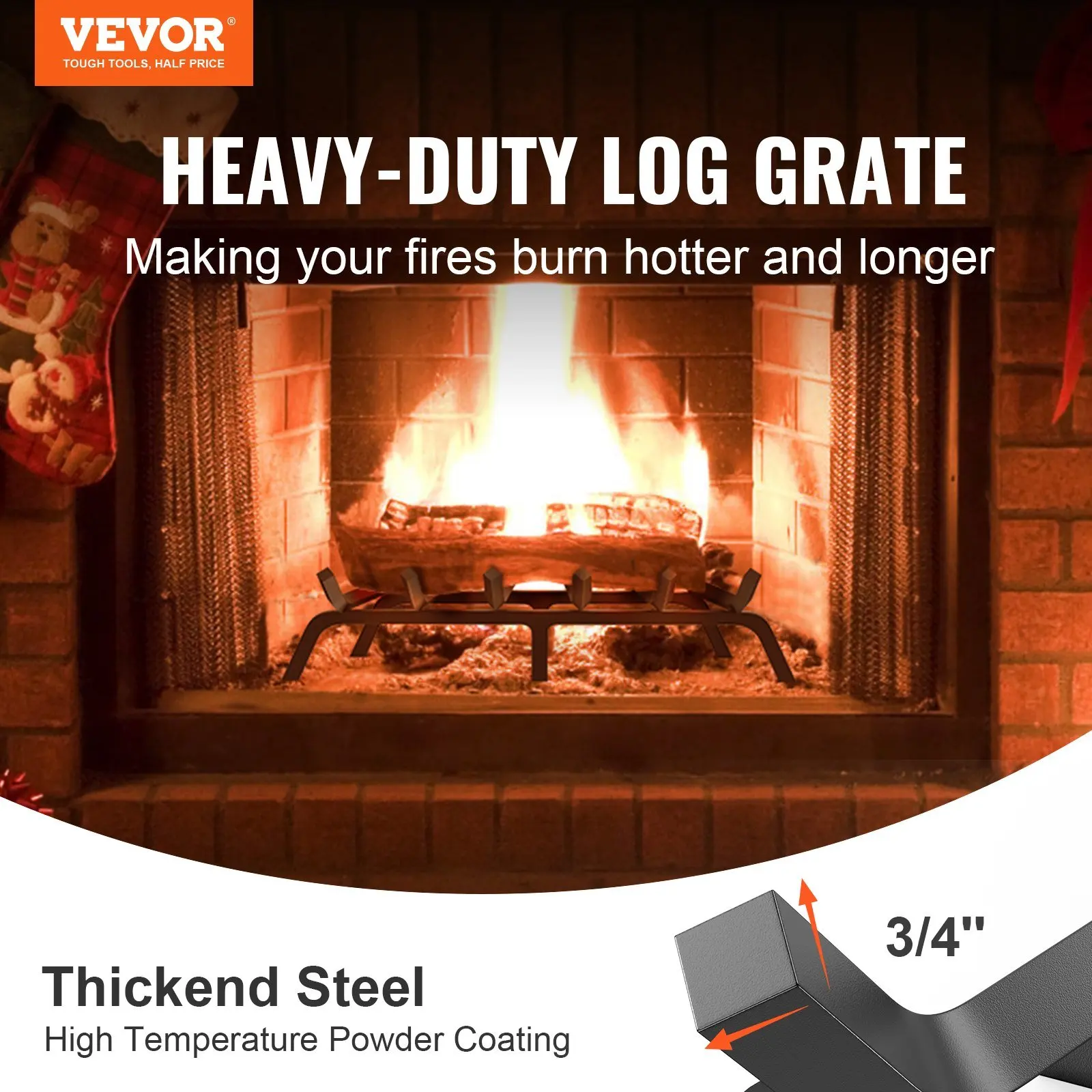 VEVOR Fireplace Log Grate, 27 inch Heavy Duty Fireplace Grate with 6 Support Legs, 3/4'' Solid Powder-coated Steel Bars, Log Fir