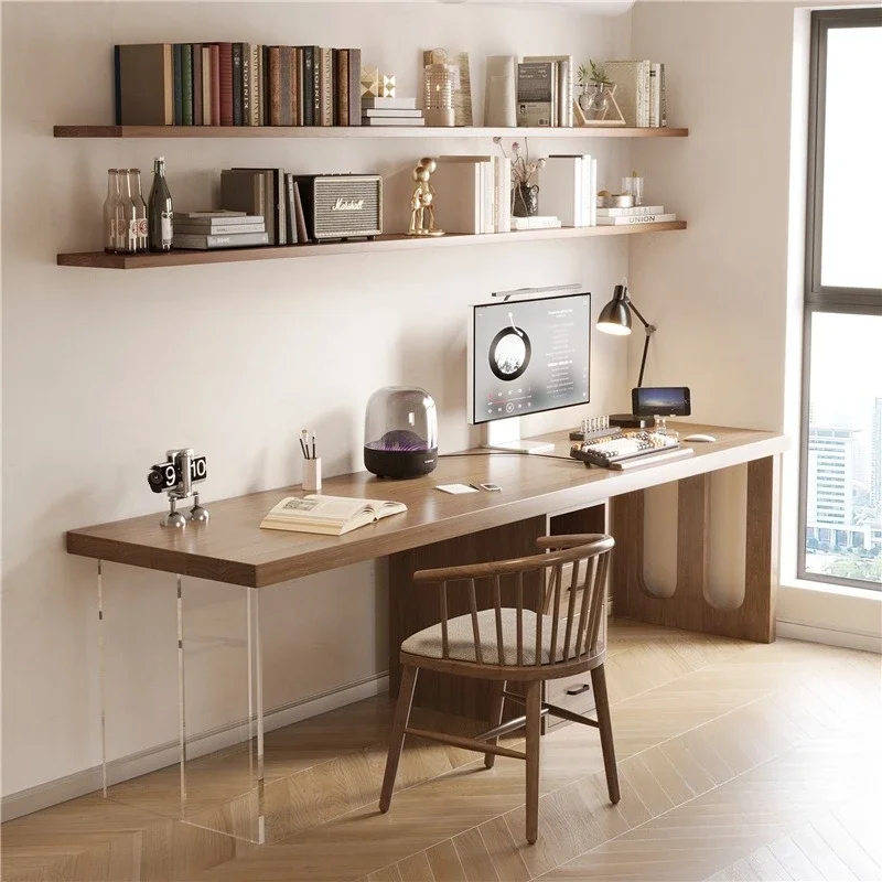 Solid wood acrylic suspended desk household light luxury advanced inductor computer desk bedroom double strip