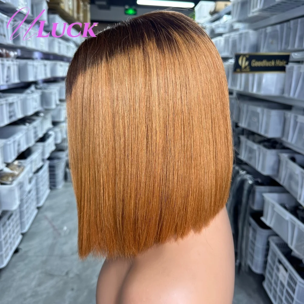 Uluck Doppio Disegnato Breve Parrucca Diritta Bob Ombre Parrucche Dei Capelli Umani di Colore Marrone 300% Densità 2x6 Parrucche Frontali Del Merletto Per Le Donne Nere