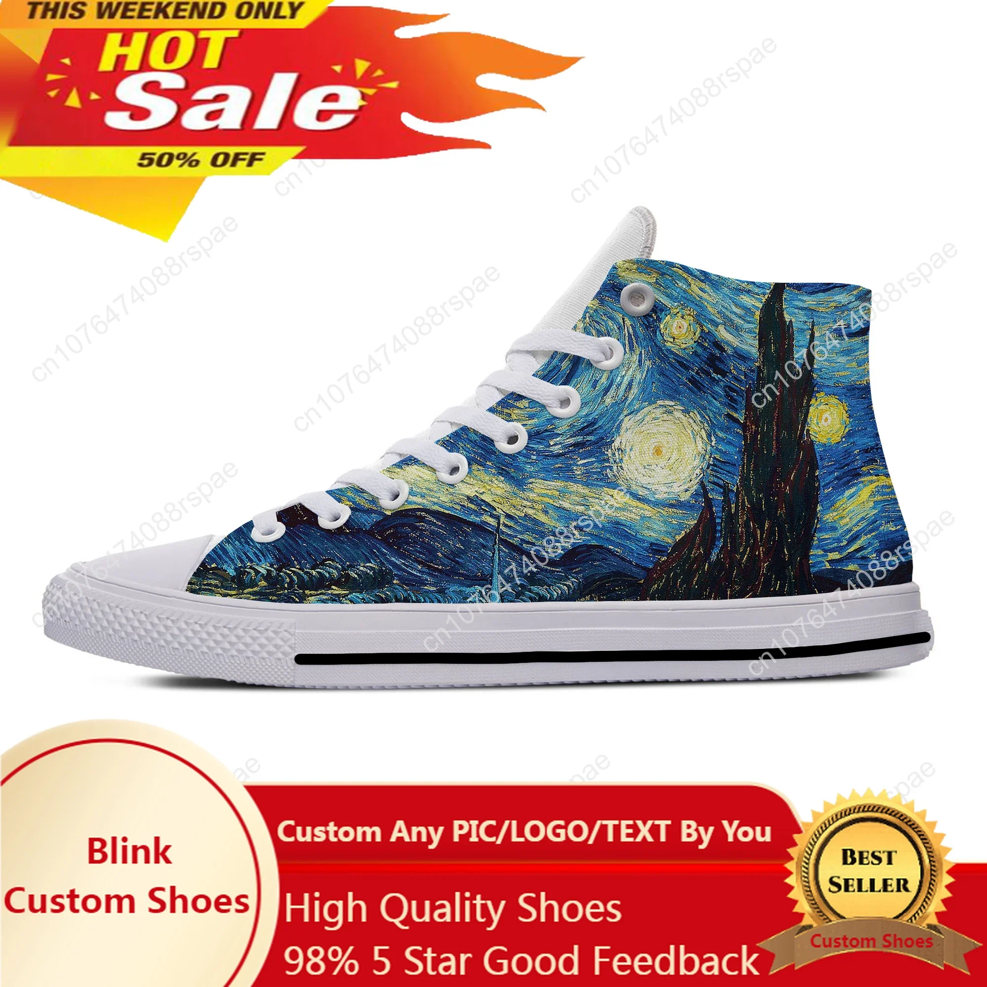 Van Gogh Olieverfschilderij Esthetische Sterrennacht Coole Casual Stoffen Schoenen Hoge Top Lichtgewicht Ademende 3d Print Dames Sneakers