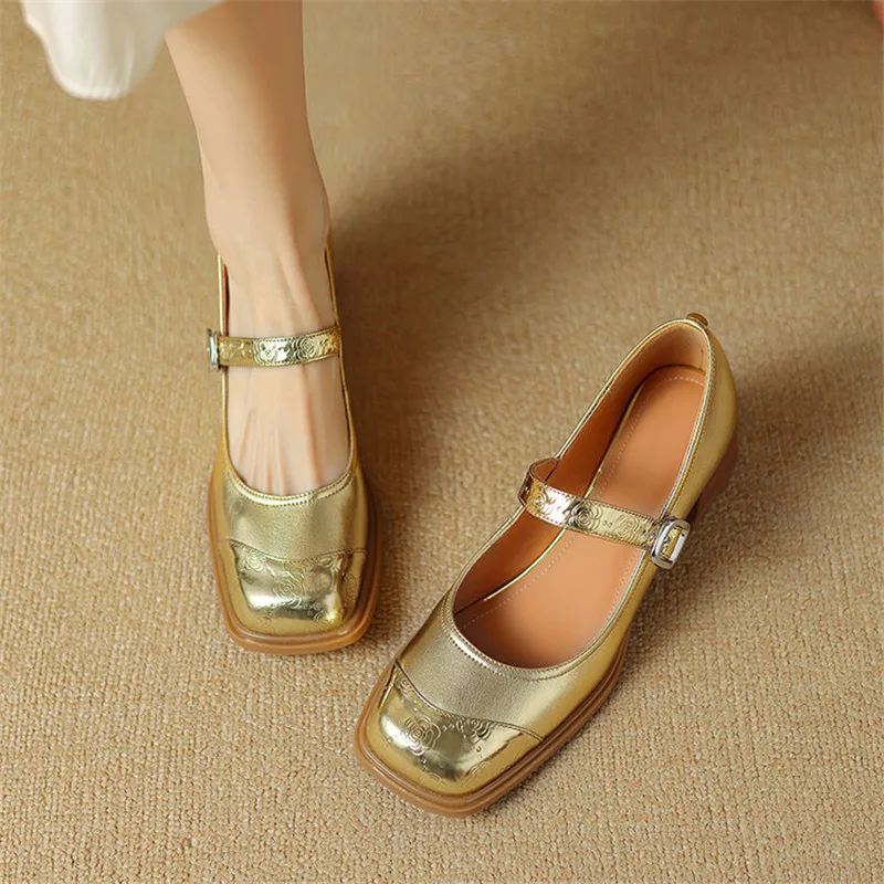 New Spring Cow Leather Women Shoes Square Toe Women Pumps Fashion Retro Mary Jane Shoes for Women High Heels Casual Ladies Shoes