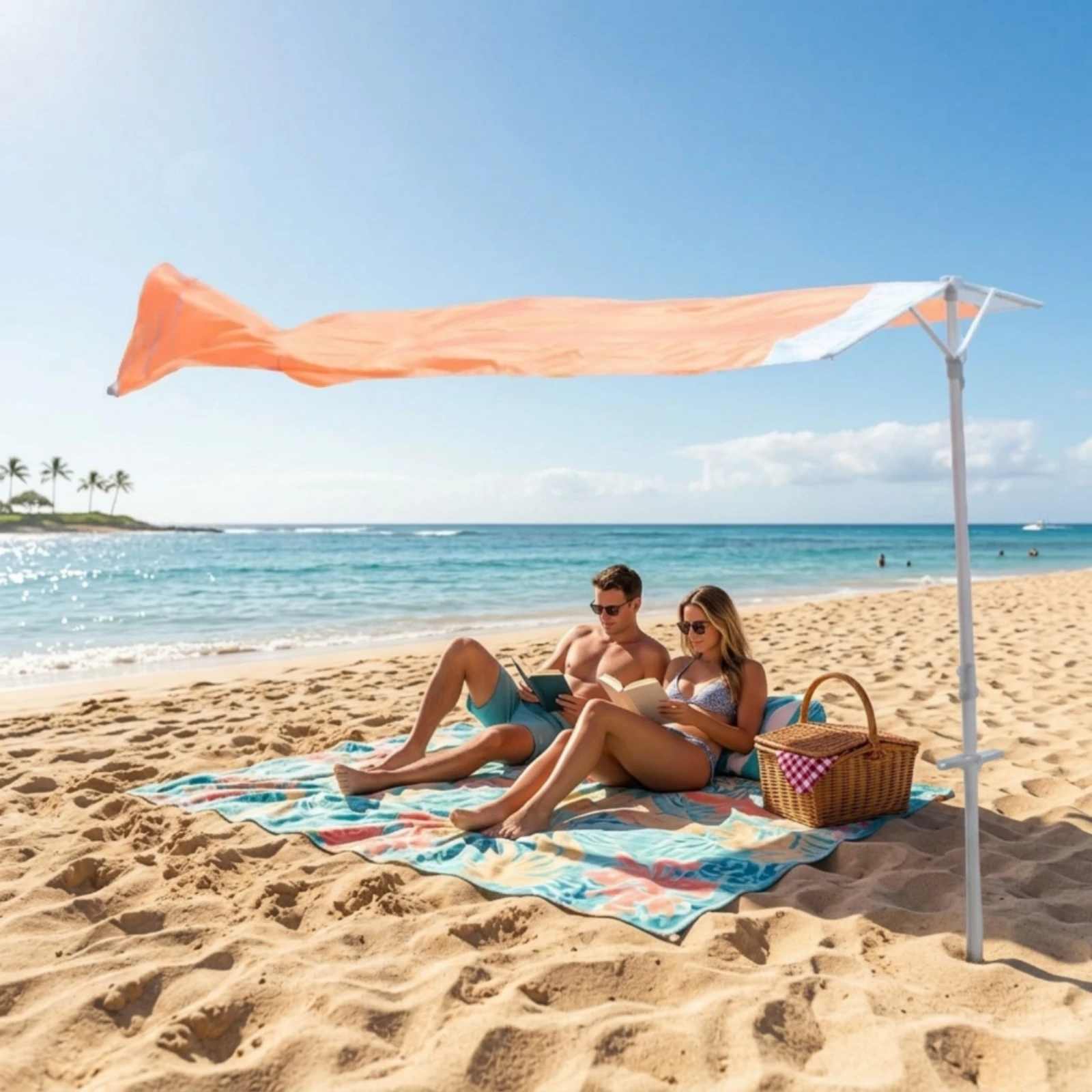 Beach Canopy with Stability Poles Ground-Fixed Beach Canopy Outdoor Portable Sun Shelter Protection Sunshade Lightweight