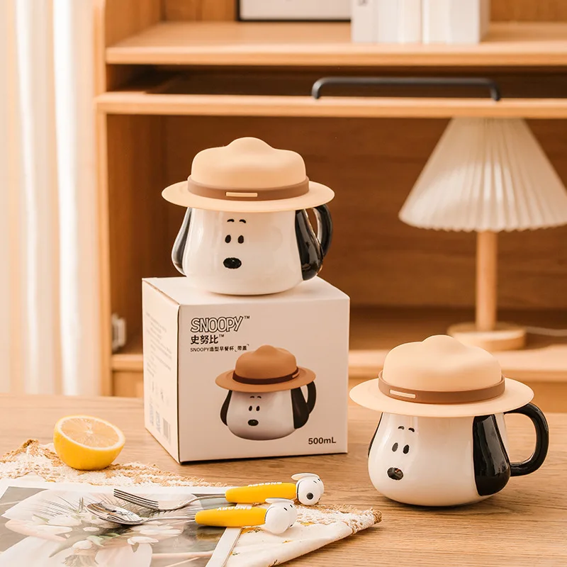 Miniso Snoopy Mug Kawaii Japanese Cartoon Ceramic Straw Hat Coffee Cup Cute Girl Water Cup Gift Children's Milk Cup