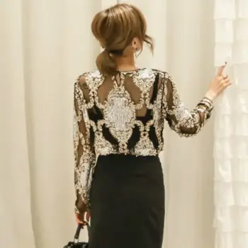 Luxusní dámské křišťálové flitry výšivka halenka krajka geometrické těžké korálky košile sexy blusy camisa kluby duté topy 2019 10 nejlepší prodej halenka s flitry - №8