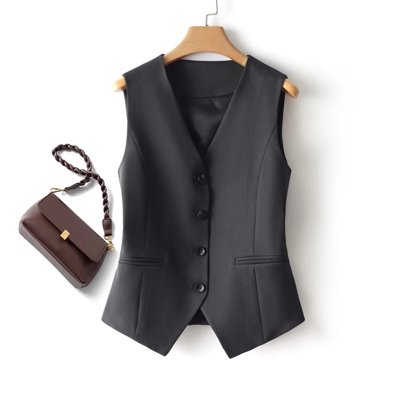 Dark Gray Single-Breasted V Neck Short Vest for Women in Spring and Autum, Slim and Versatile Top for Workplace Can Be Worn Ins