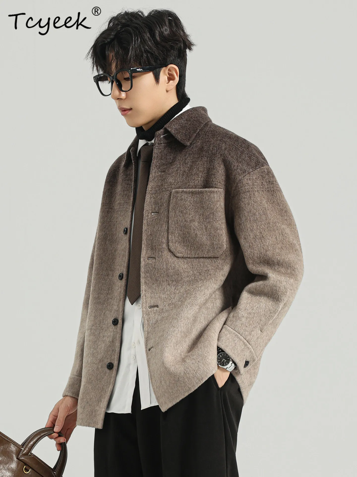 Tcyeek 70.7% Wool Jacket Men Clothing 2026 Autumn Winter Coats Double-faced Woolen Coat Gradient Korean Fashion Loose Fit Пальто