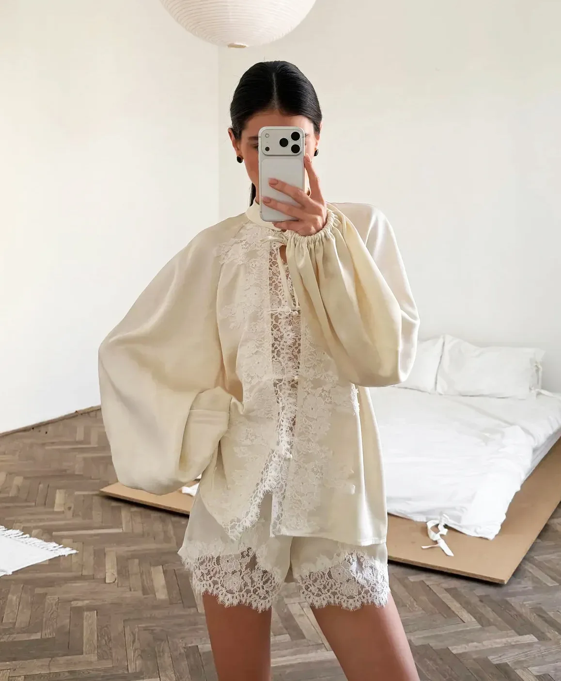 Siren Chic Elegant Satin Apricot Lace Shorts Suit Pajamas 2026 Casual Button Up Shirt With Elastic Waist Shorts Loose Soft Sleep