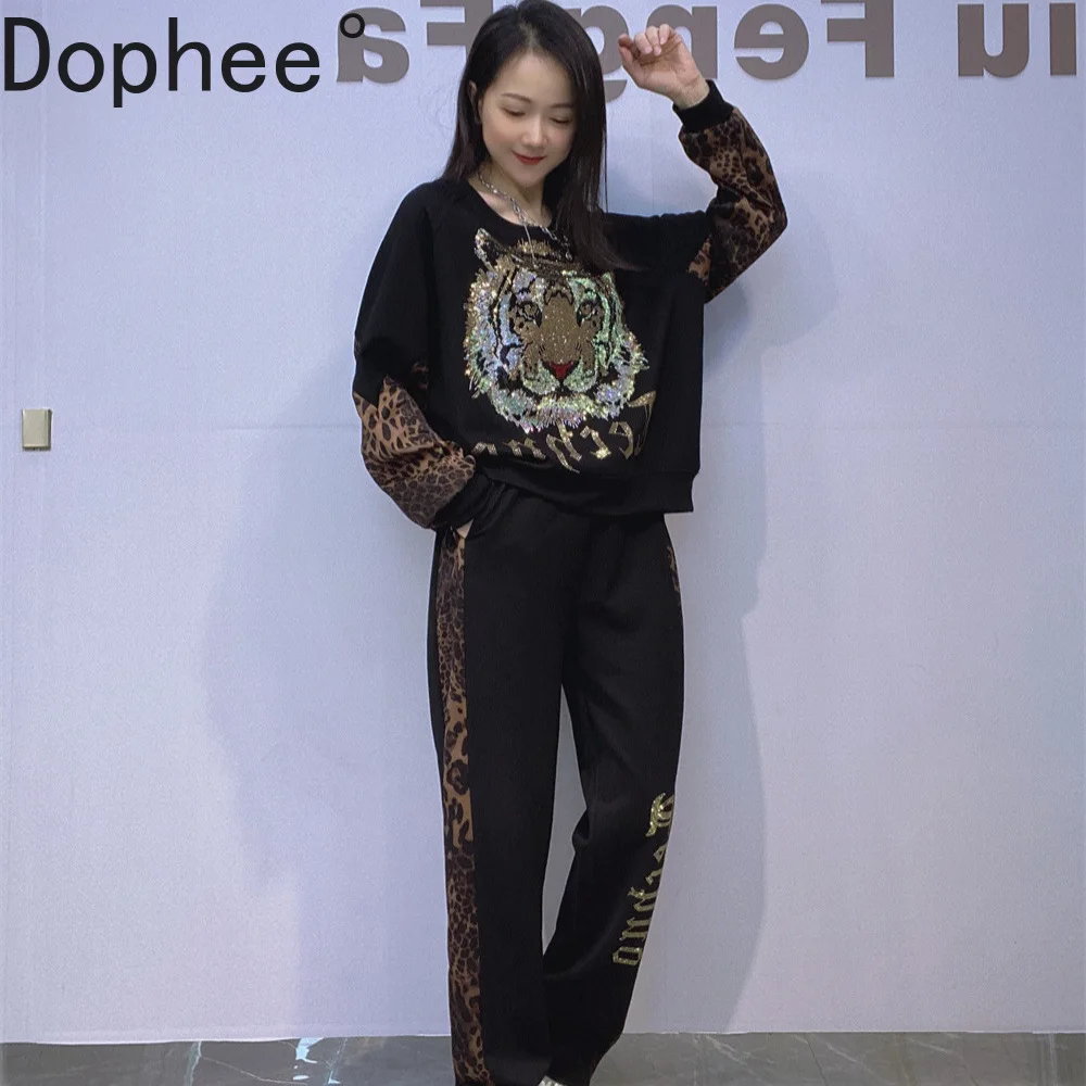 

Large Size Autumn Women Two-piece Set Leopard Stitching Diamonds Tiger Loose Pullover Top + Elastic Waist Casual Long Trousers