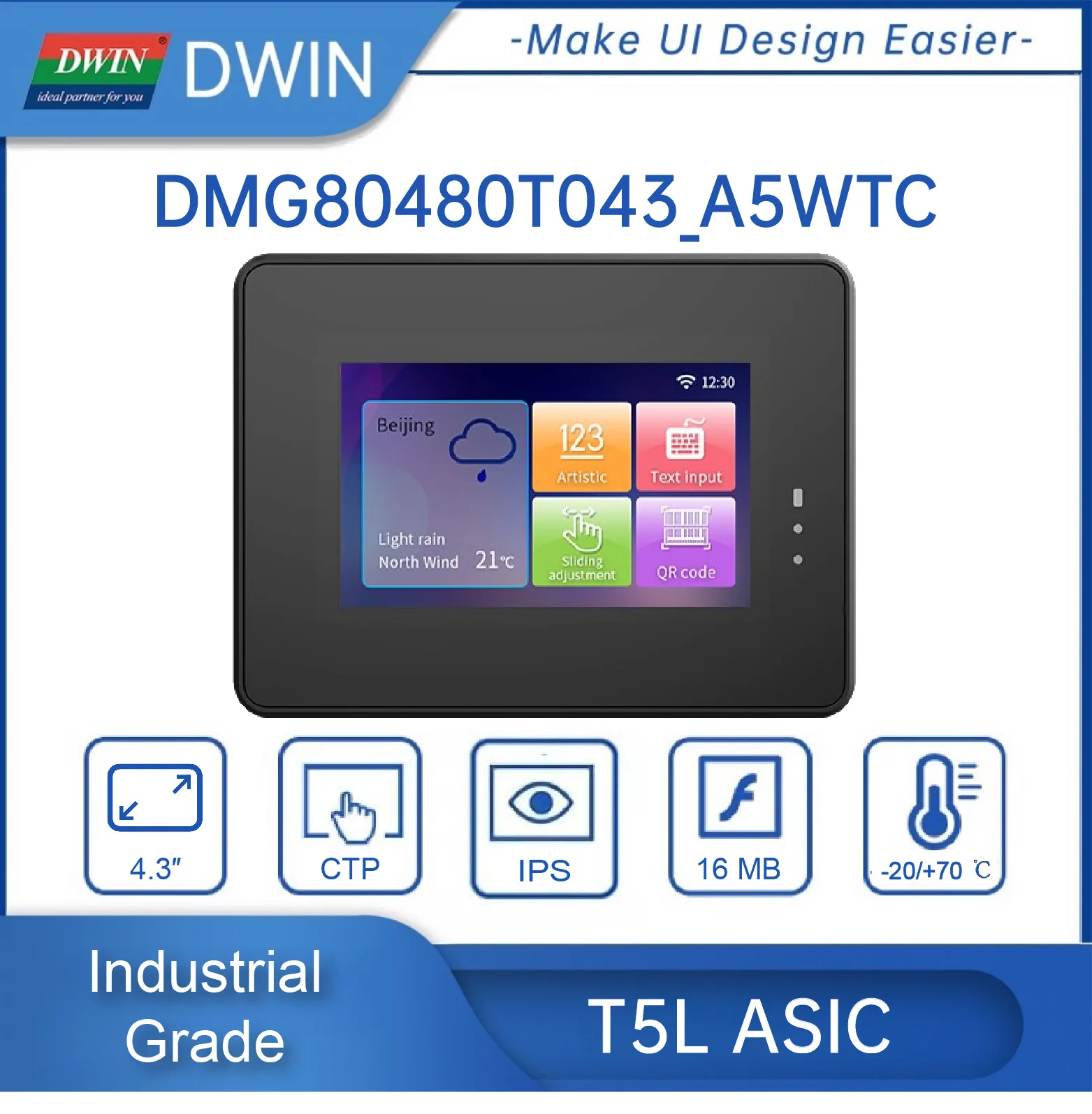 DWIN 산업용 등급 정전식 저항 터치 LCD 모듈, Arduino DMG80480T043-A5W, RS485 인터페이스, IP 65 HMI, 4.3 인치